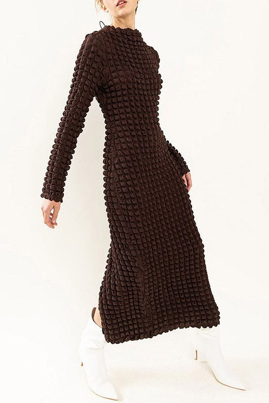 Long sleeve open back bodycon waffle maxi dress (RVWT7398)