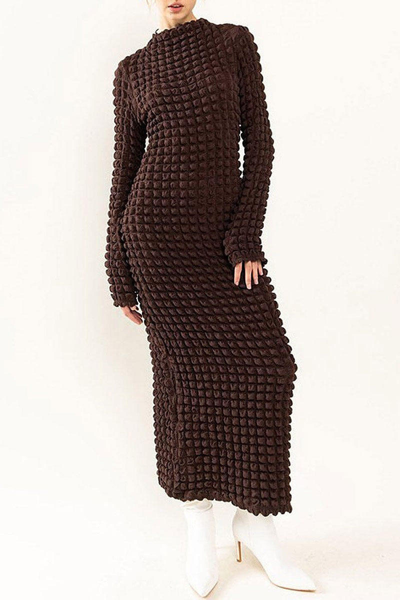 Long sleeve open back bodycon waffle maxi dress (RVWT7398)