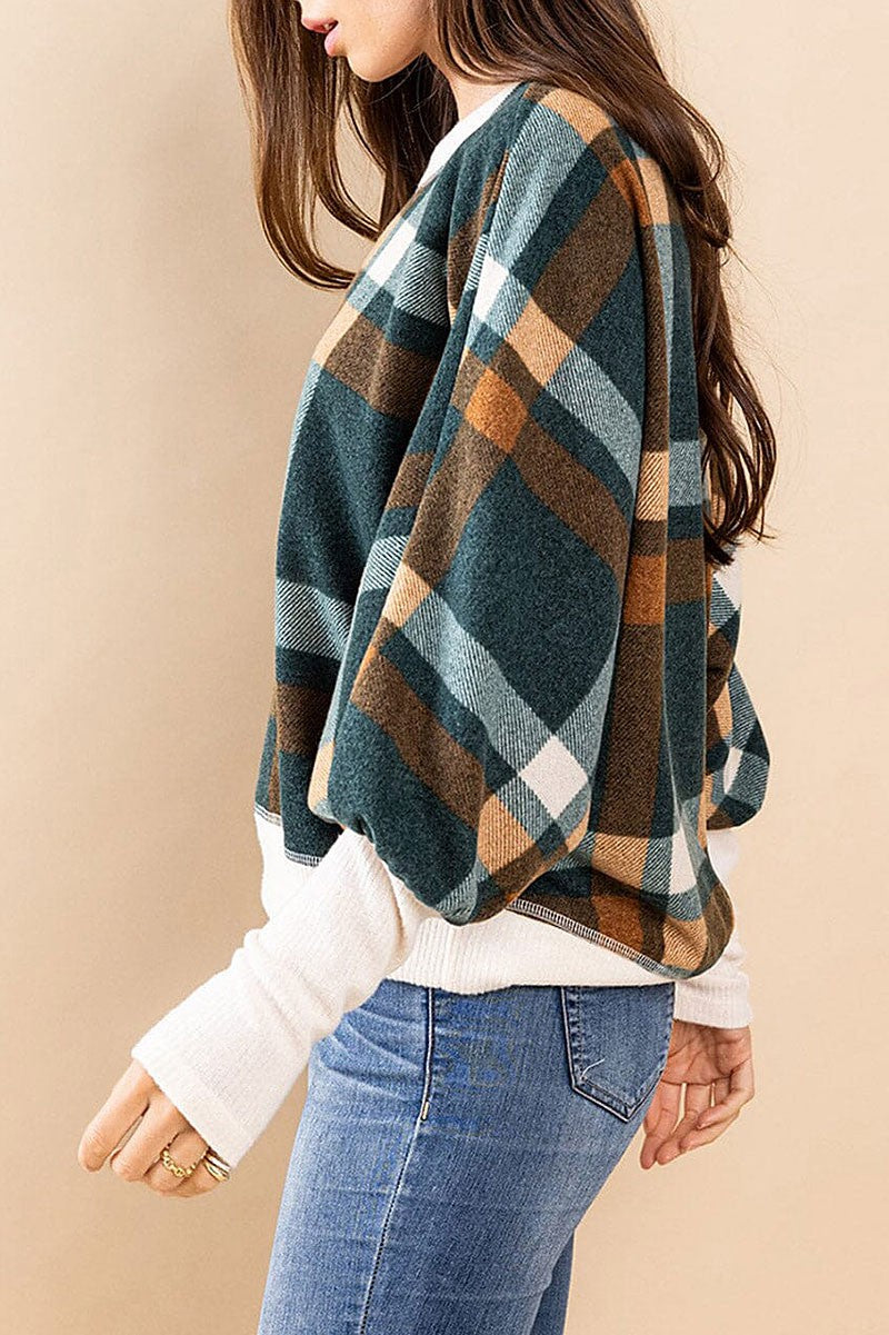 Long sleeve off shoulder colorblock plaid top (RVWT7396)