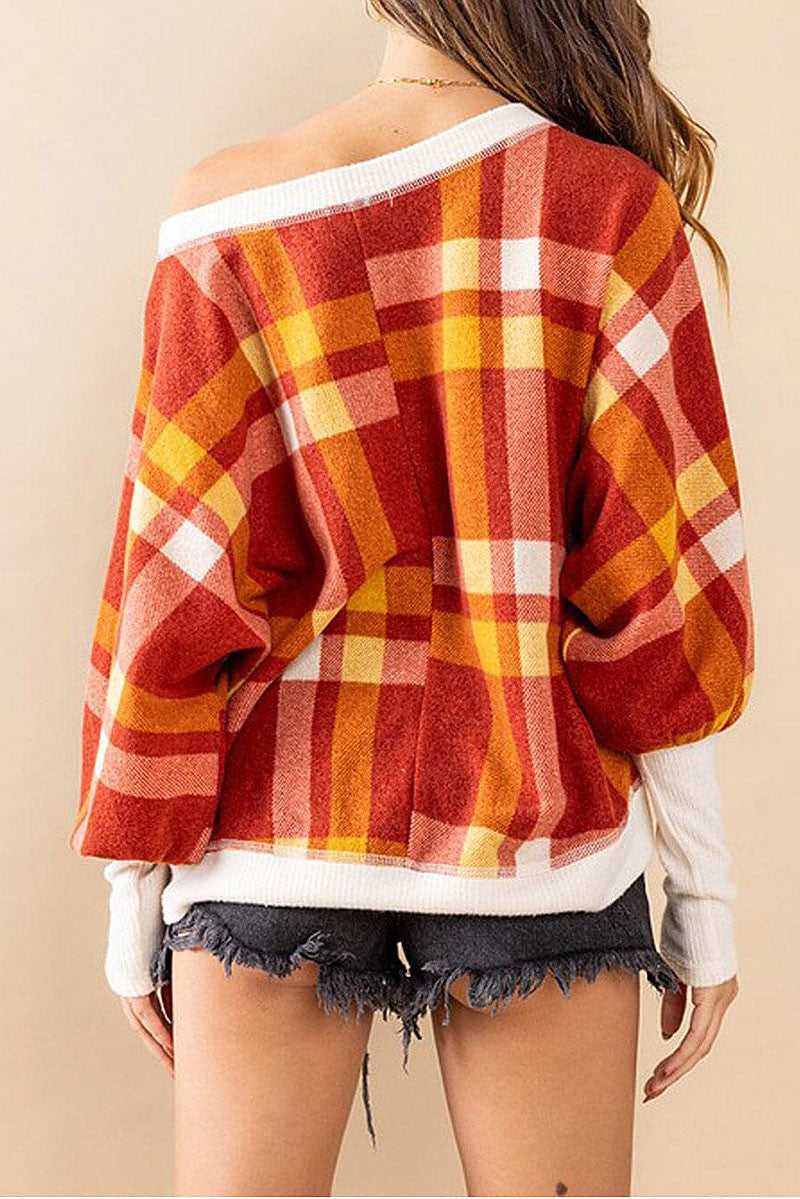 Long sleeve off shoulder colorblock plaid top (RVWT7396)