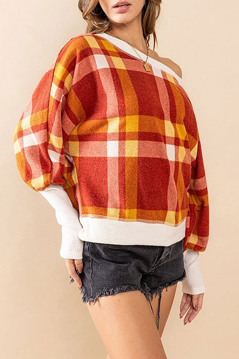 Long sleeve off shoulder colorblock plaid top (RVWT7396)