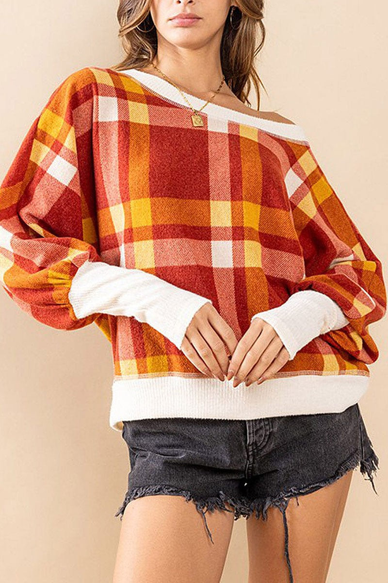 Long sleeve off shoulder colorblock plaid top (RVWT7396)