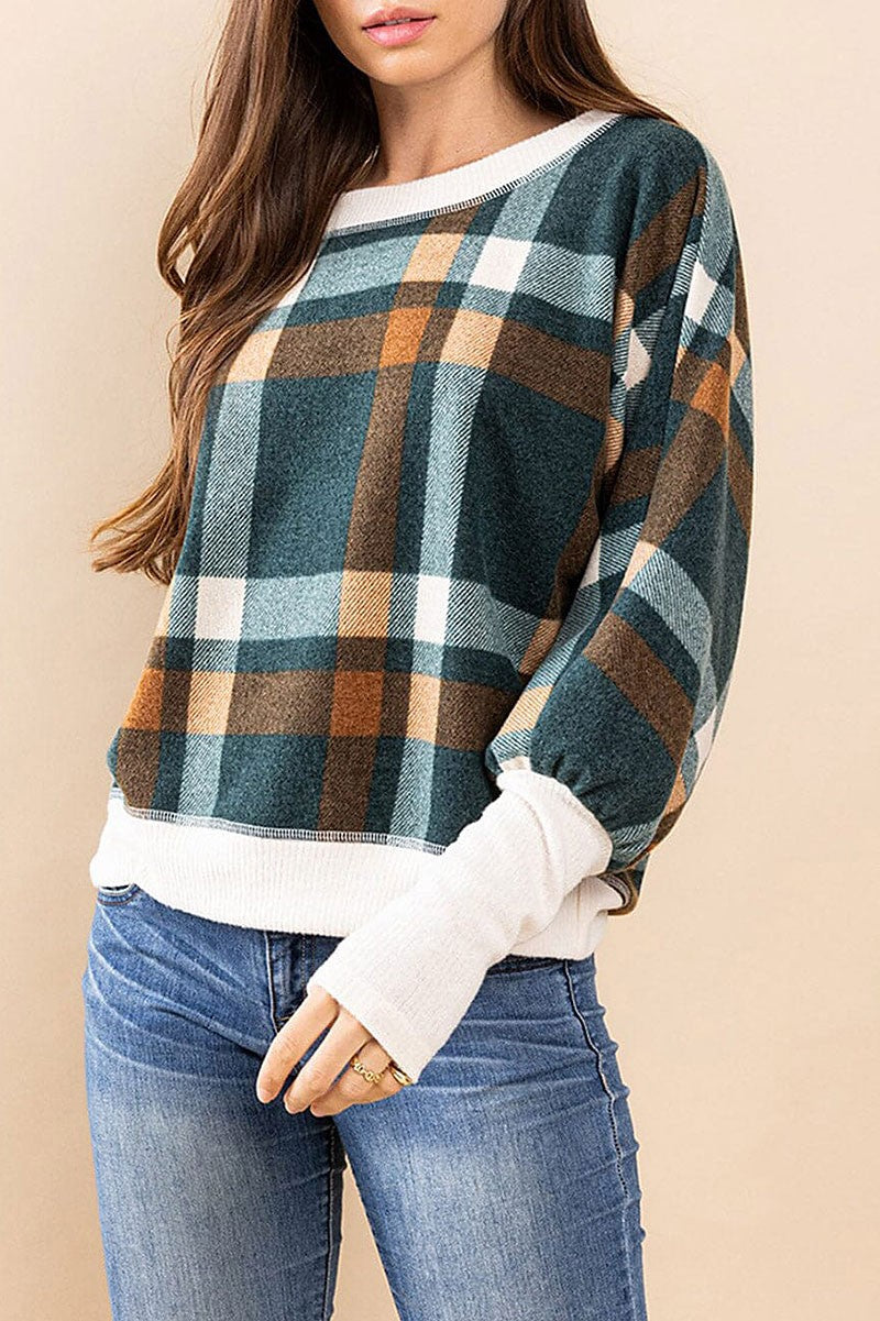 Long sleeve off shoulder colorblock plaid top (RVWT7396)