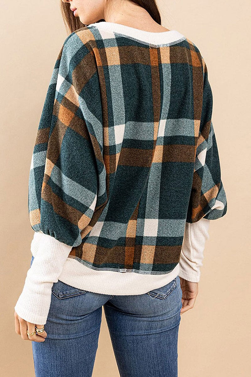 Long sleeve off shoulder colorblock plaid top (RVWT7396)