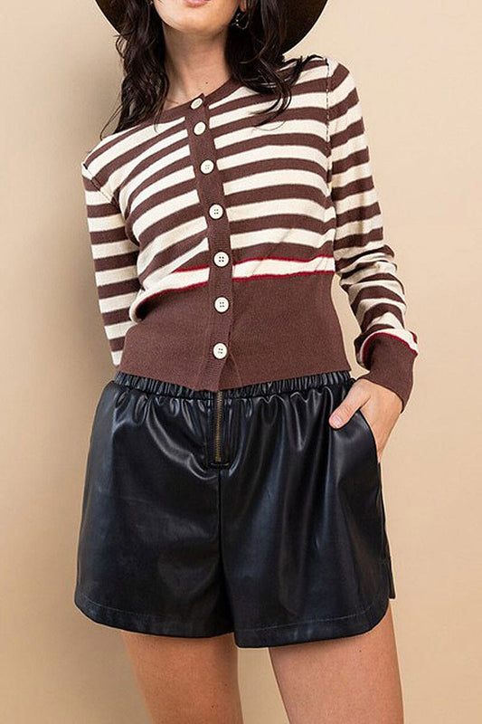 Long sleeve button closure stripes colorblock top (RVWT7393)