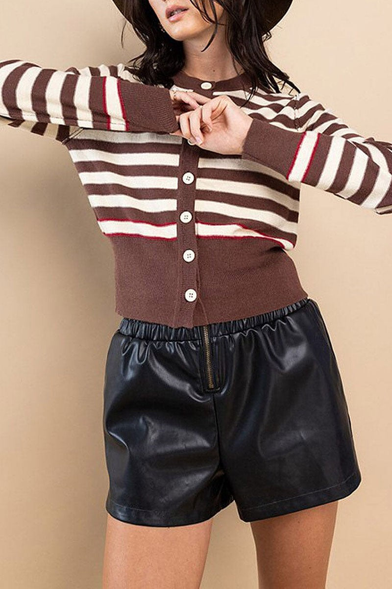 Long sleeve button closure stripes colorblock top (RVWT7393)