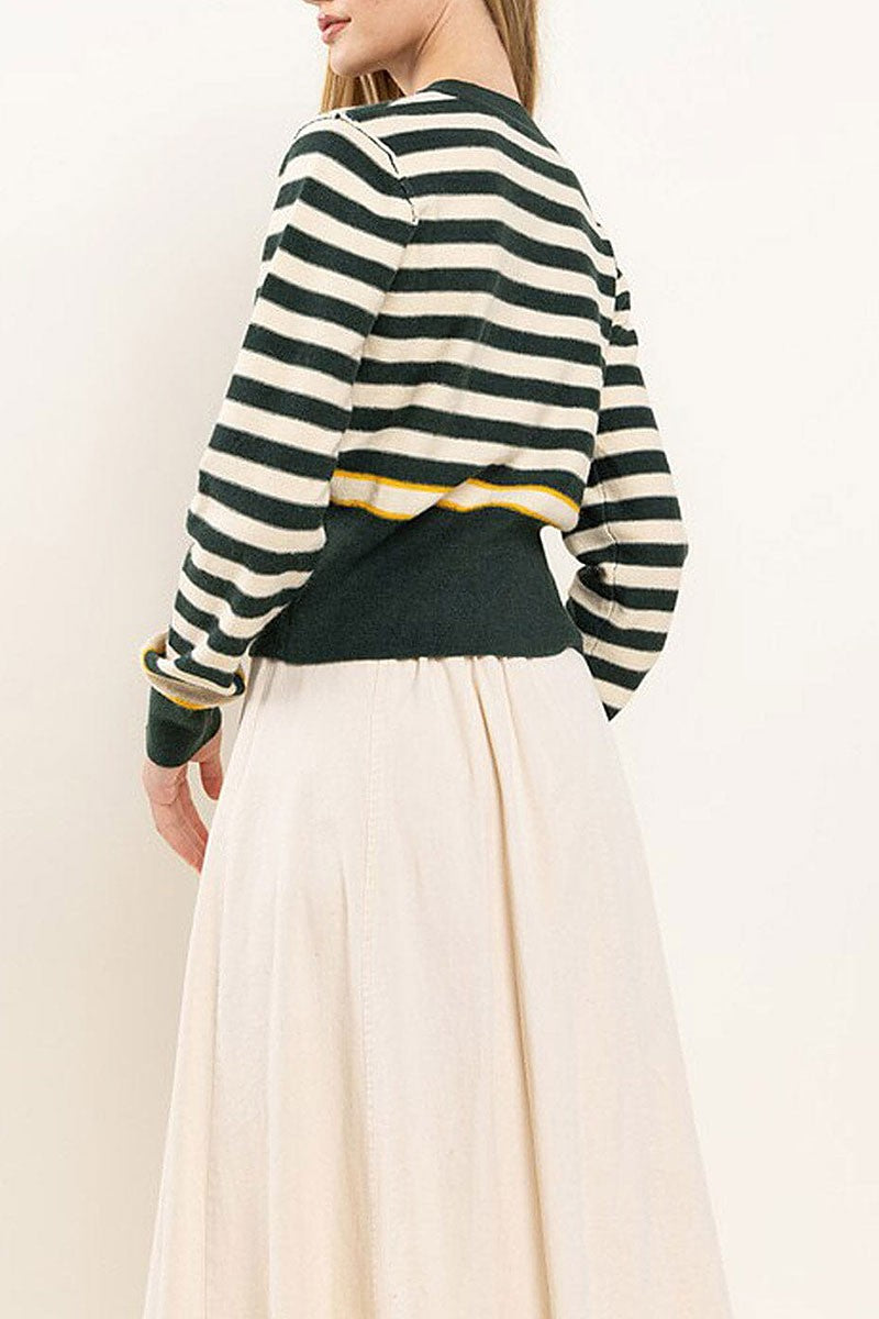 Long sleeve button closure stripes colorblock top (RVWT7393)