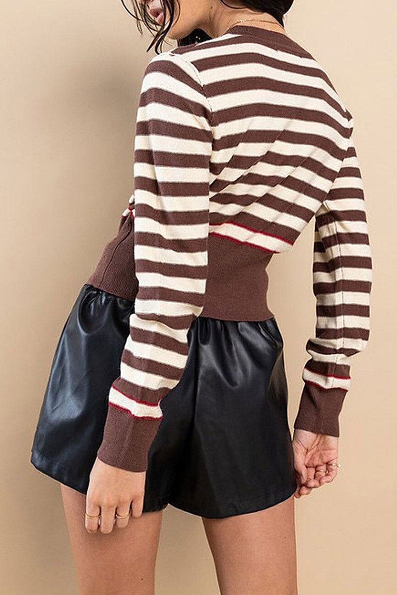 Long sleeve button closure stripes colorblock top (RVWT7393)