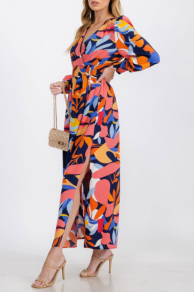 Surplice elastic waist multi print maxi dress (RVWT7404)