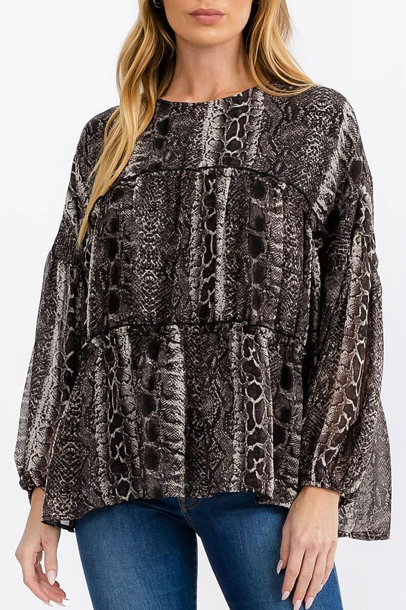 Long sleeve tiered tunic animal print blouse top (RVWT7403)