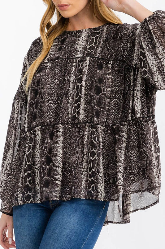 Long sleeve tiered tunic animal print blouse top (RVWT7403)