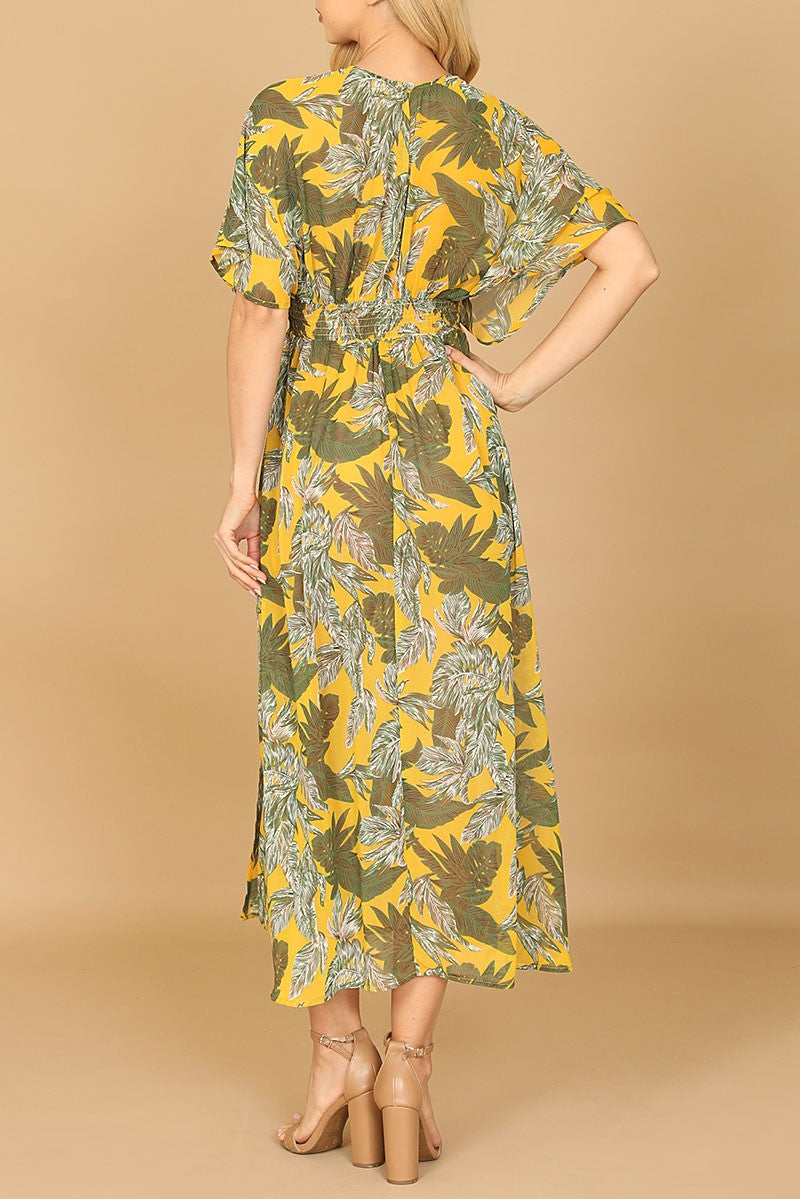 Deep neck dolman sleeve side slit leafy midi dress (RSD1012)