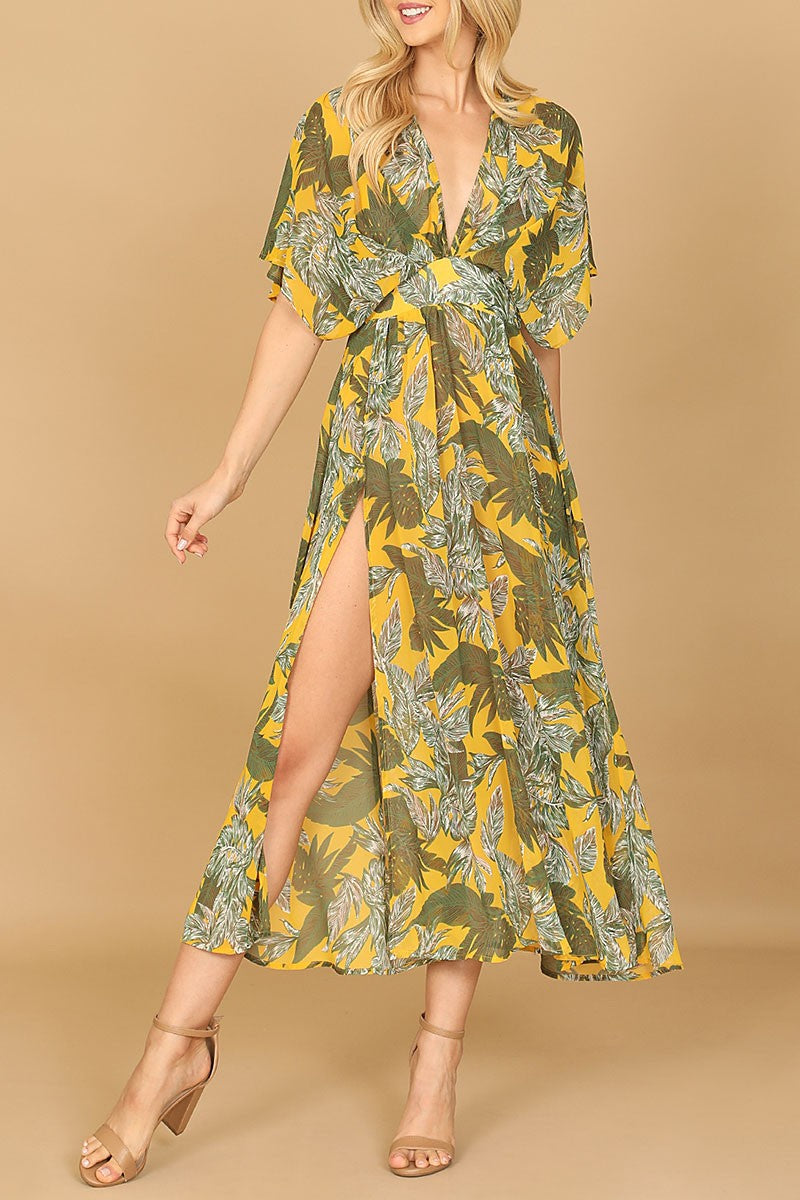 Deep neck dolman sleeve side slit leafy midi dress (RSD1012)