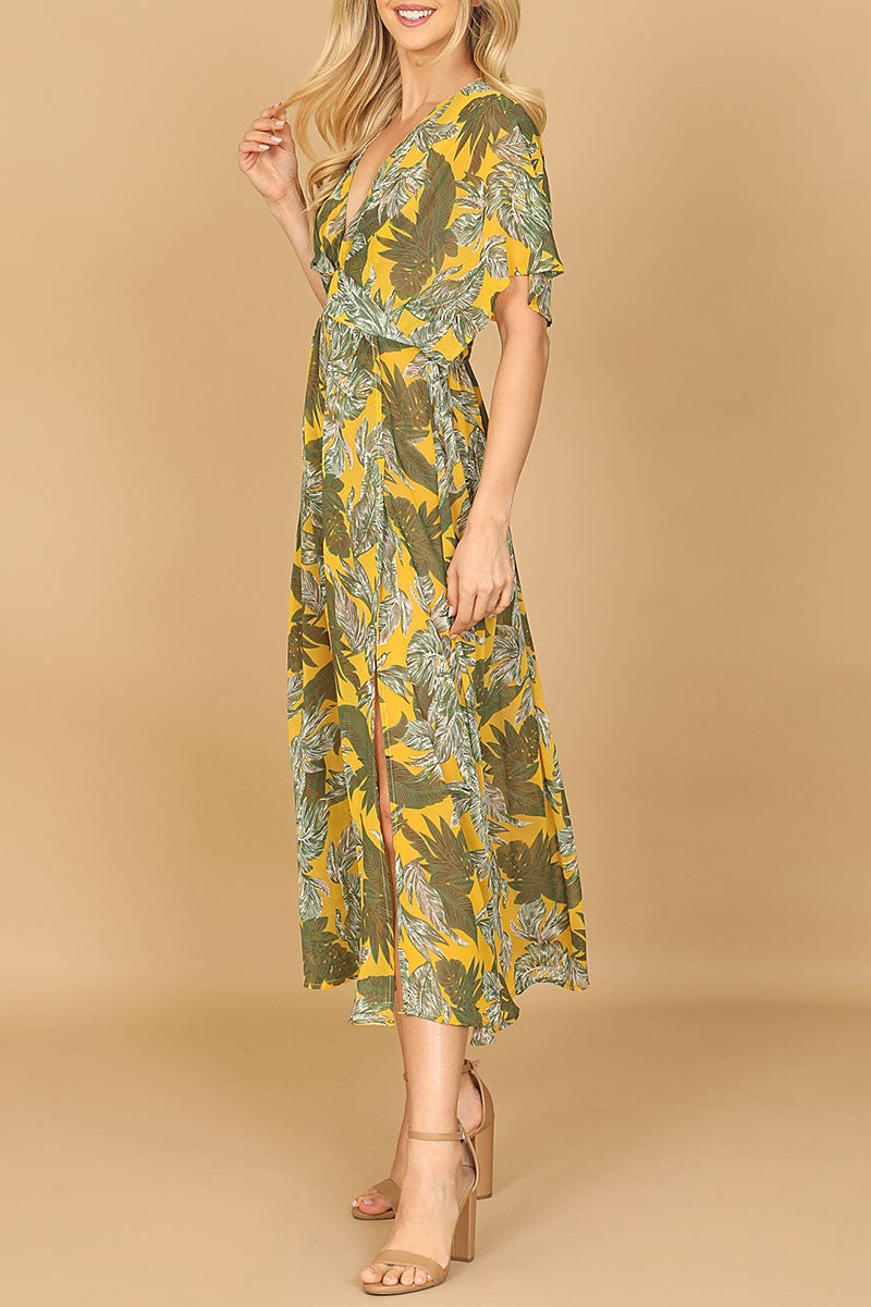 Deep neck dolman sleeve side slit leafy midi dress (RSD1012)