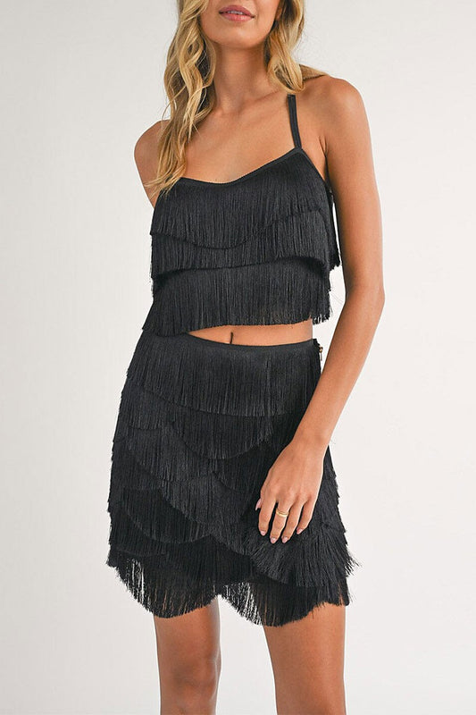 Crop top zip up mini skirt fringe detailed 2pc set (RVWT7451)