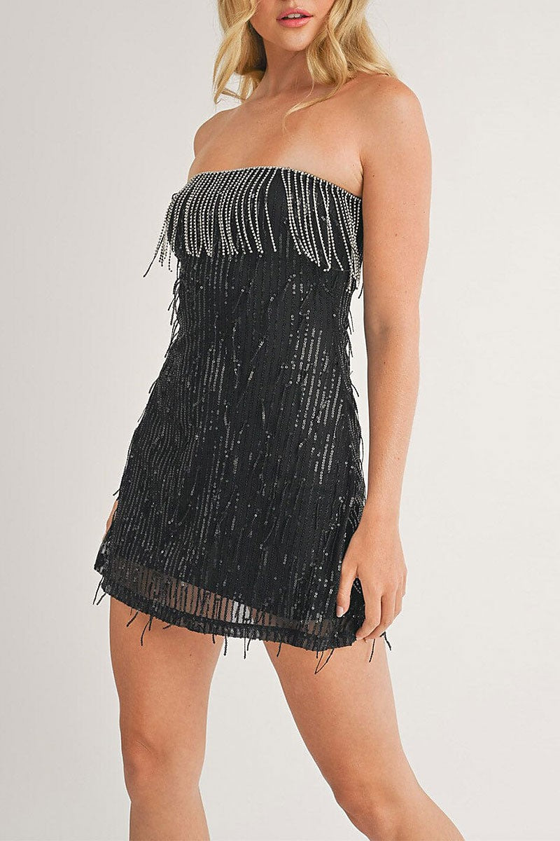 Sleeveless fringe sequins tube bodycon mini dress (RVWT7459)