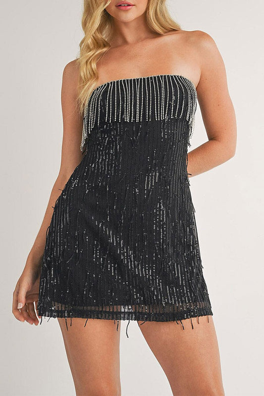 Sleeveless fringe sequins tube bodycon mini dress (RVWT7459)