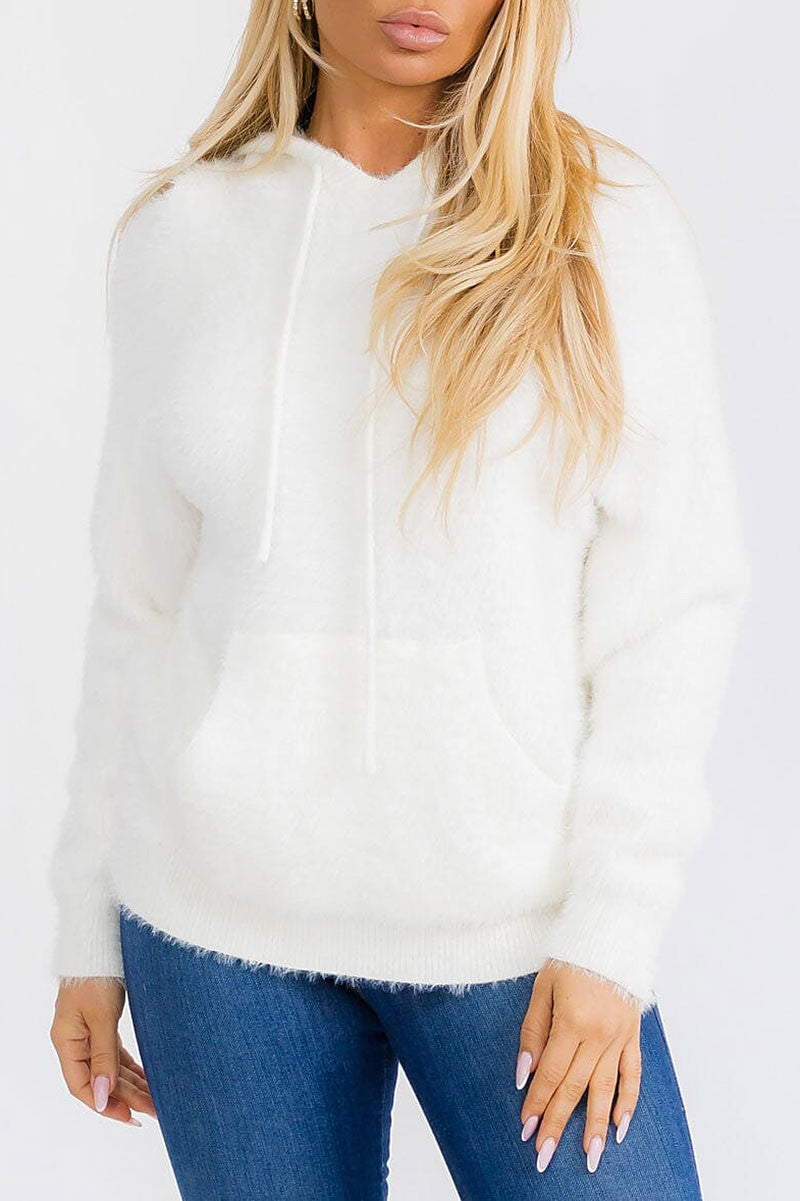 Front pocket hooded pullover fuzzy sweater (RVWT7461)