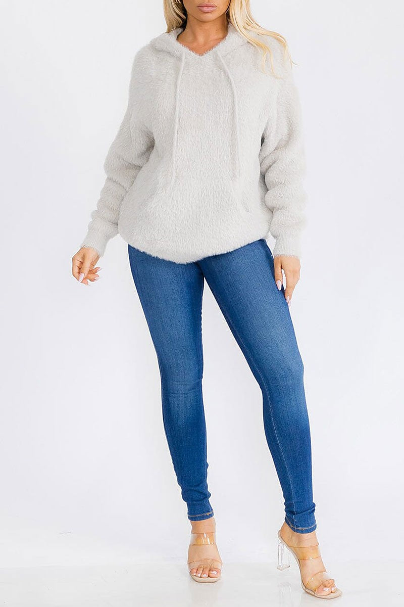 Front pocket hooded pullover fuzzy sweater (RVWT7461)