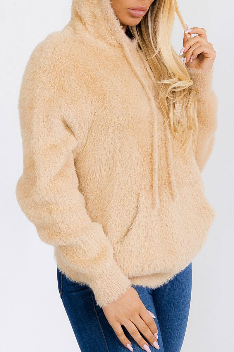 Front pocket hooded pullover fuzzy sweater (RVWT7461)