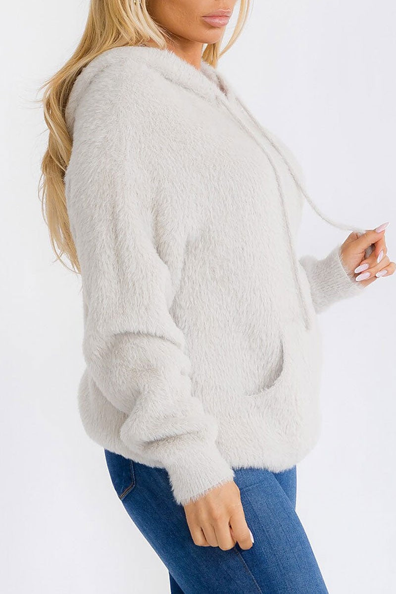 Front pocket hooded pullover fuzzy sweater (RVWT7461)