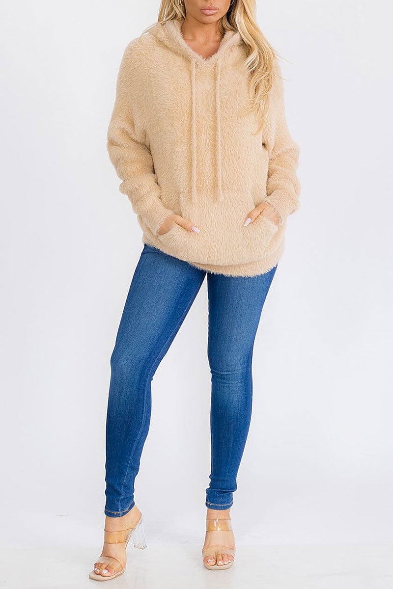 Front pocket hooded pullover fuzzy sweater (RVWT7461)