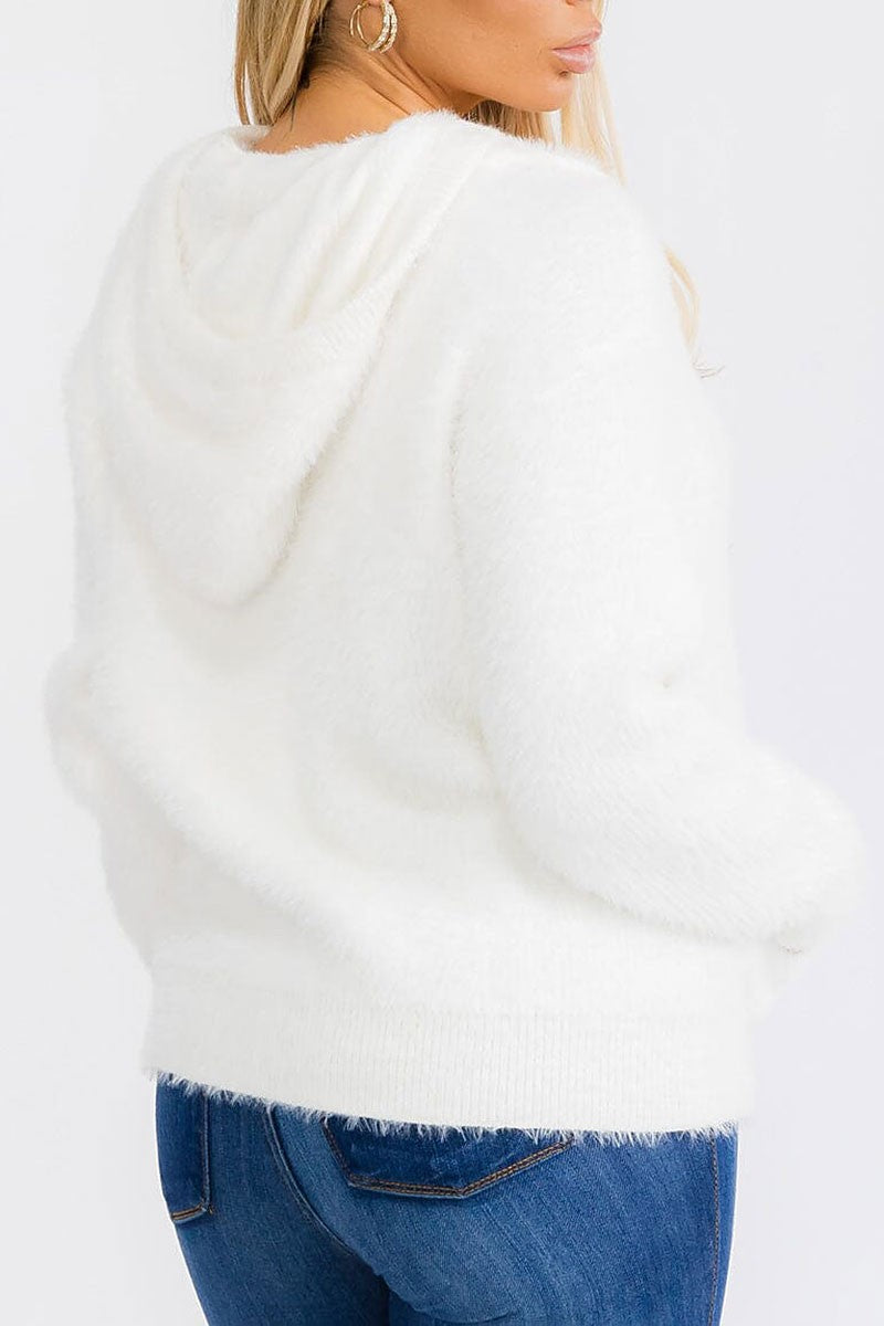 Front pocket hooded pullover fuzzy sweater (RVWT7461)