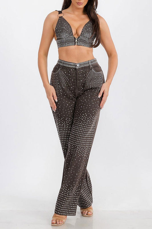 Crop top wide leg pants denim studs detail set (RVWT7464)