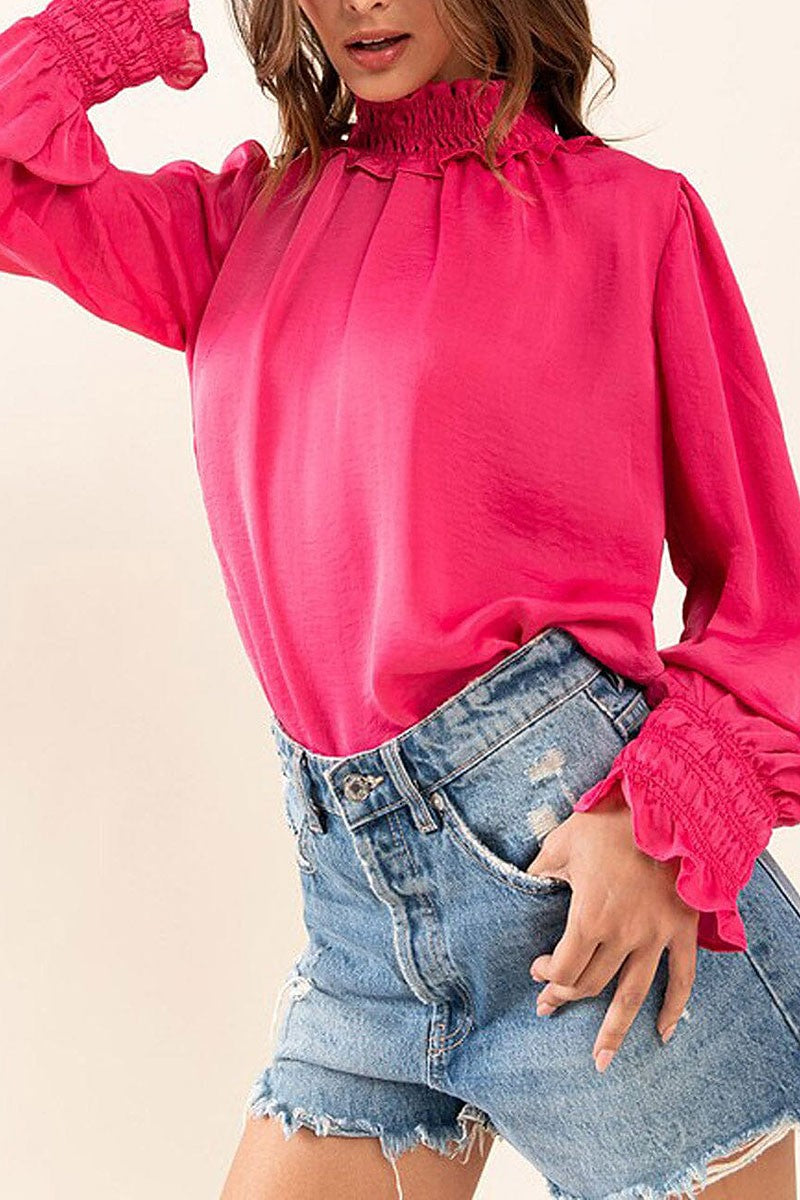 Long sleeve turtle neck solid satin blouse top (RVWT7473)