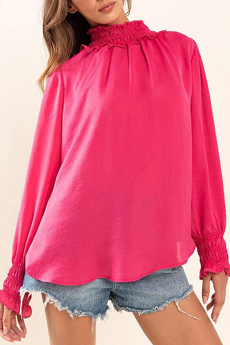 Long sleeve turtle neck solid satin blouse top (RVWT7473)