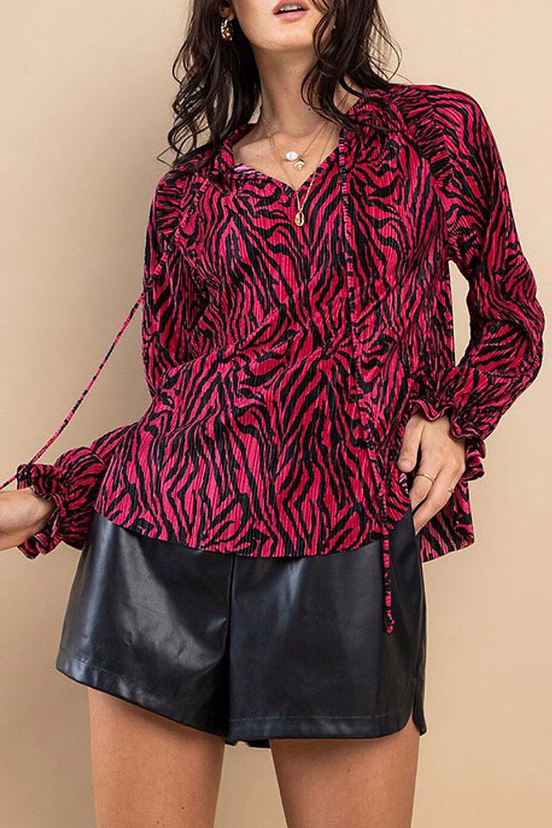 Long sleeve -neck ruffle multi print blouse top (RVWT7472)