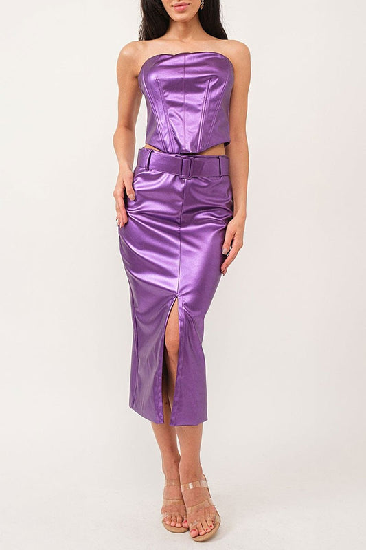 Front slit zip up belted metallic midi skirt (RVWT7471)