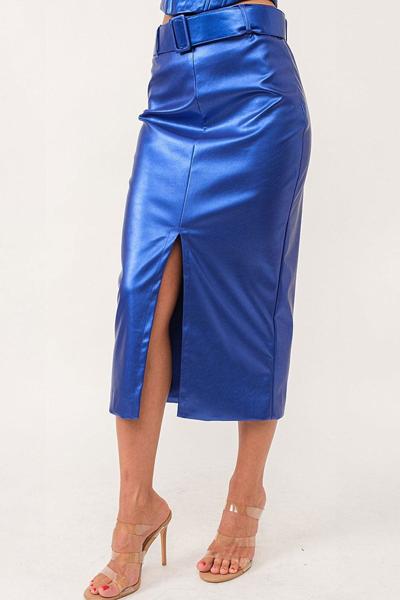 Front slit zip up belted metallic midi skirt (RVWT7471)