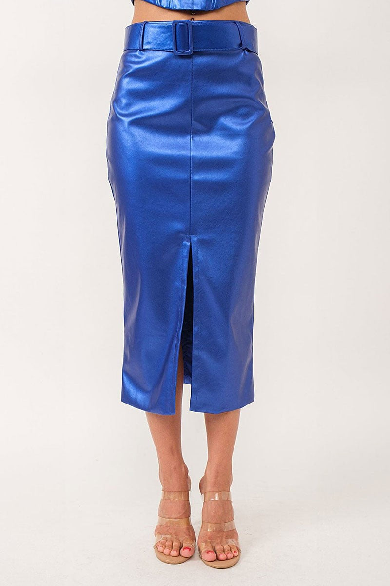 Front slit zip up belted metallic midi skirt (RVWT7471)