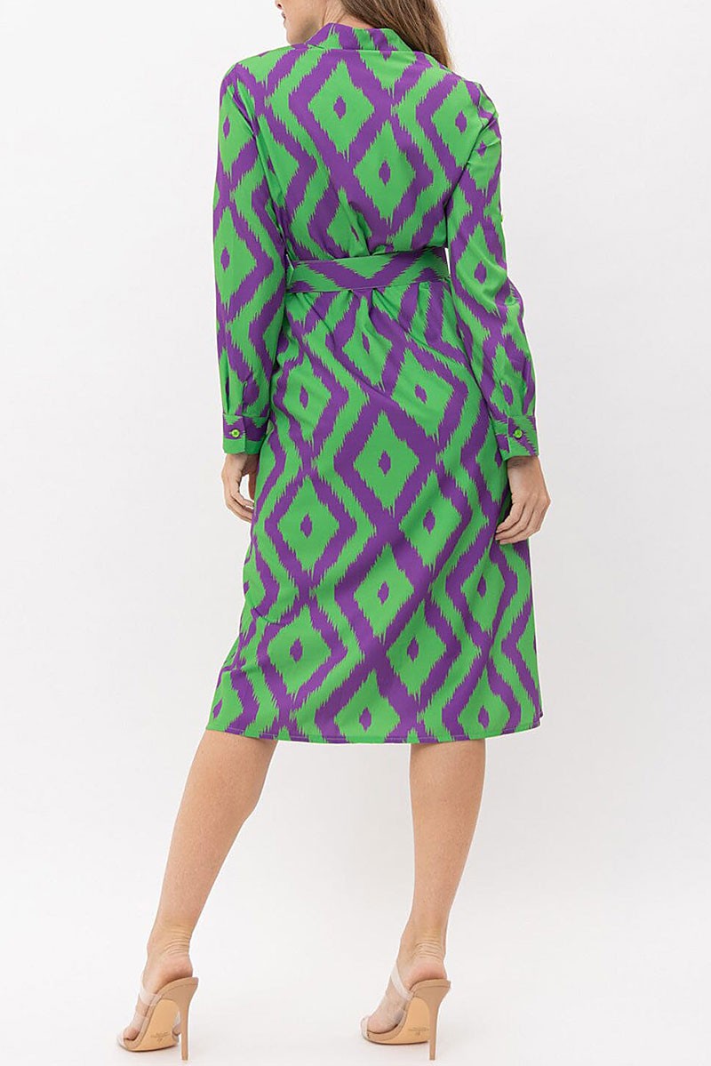 Button up pockets belted printed midi dress (RVWT7470)