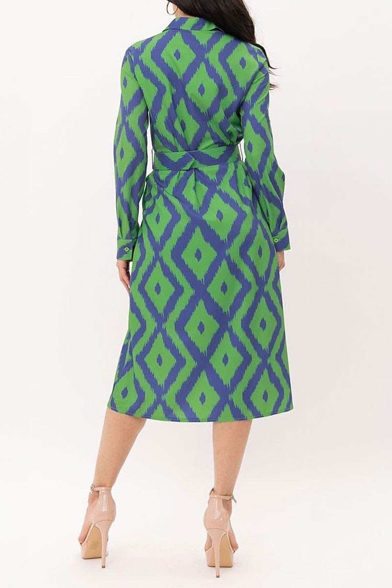 Button up pockets belted printed midi dress (RVWT7470)