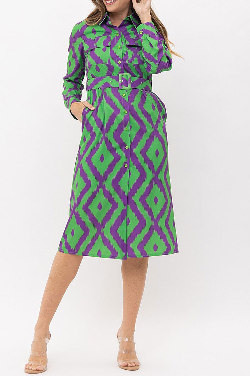 Button up pockets belted printed midi dress (RVWT7470)