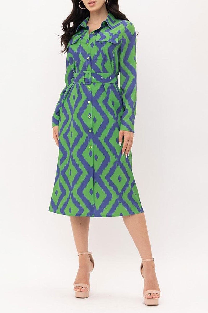 Button up pockets belted printed midi dress (RVWT7470)