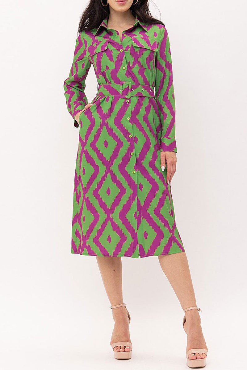 Button up pockets belted printed midi dress (RVWT7470)