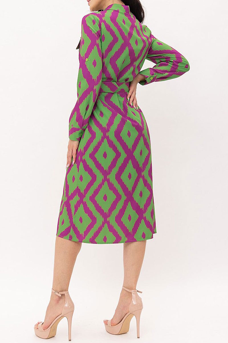 Button up pockets belted printed midi dress (RVWT7470)