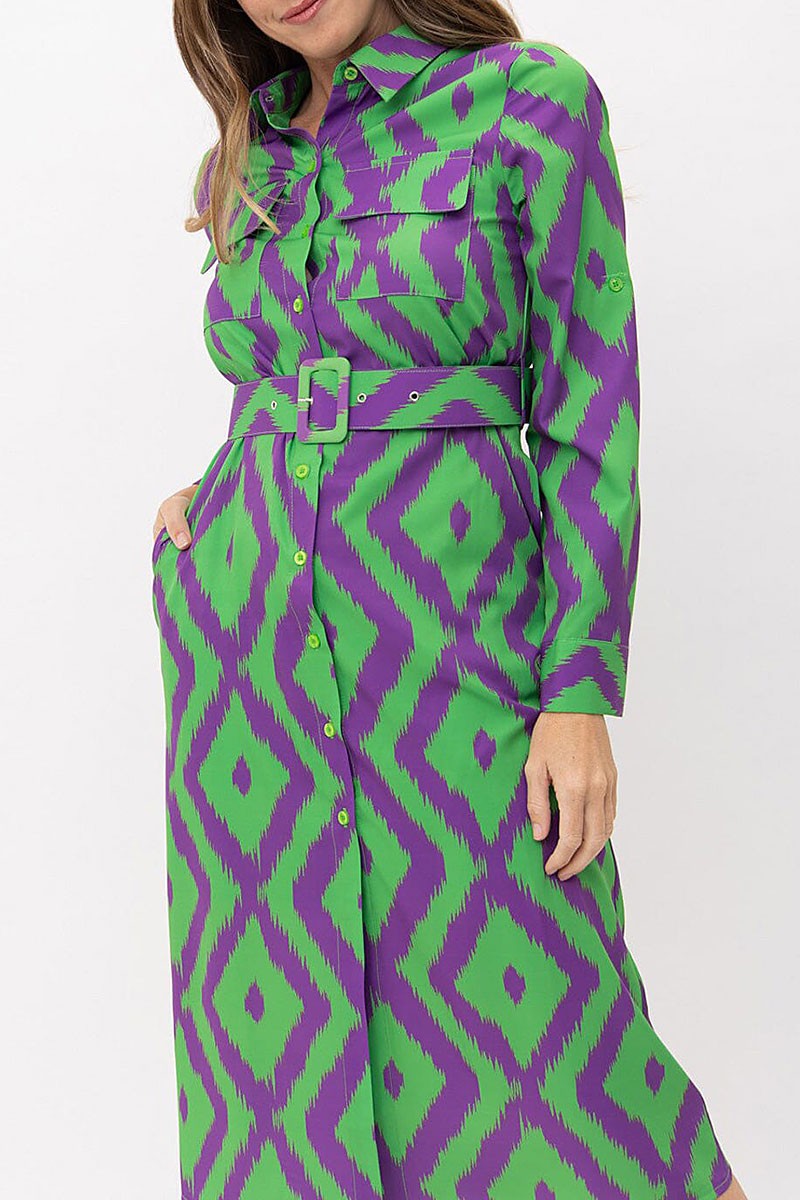 Button up pockets belted printed midi dress (RVWT7470)