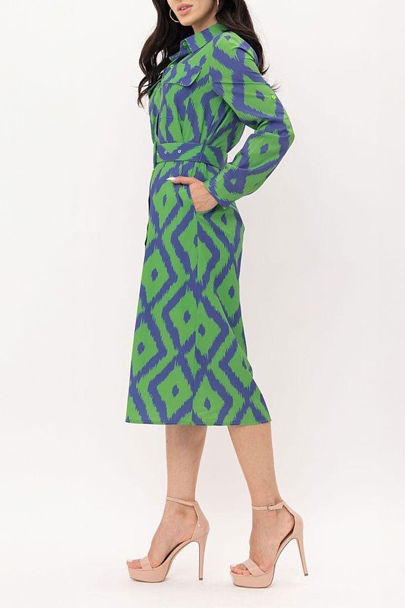 Button up pockets belted printed midi dress (RVWT7470)