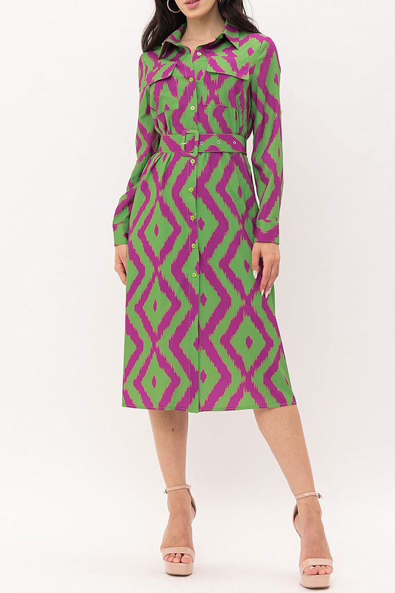 Button up pockets belted printed midi dress (RVWT7470)