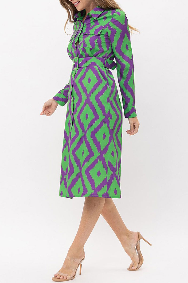 Button up pockets belted printed midi dress (RVWT7470)