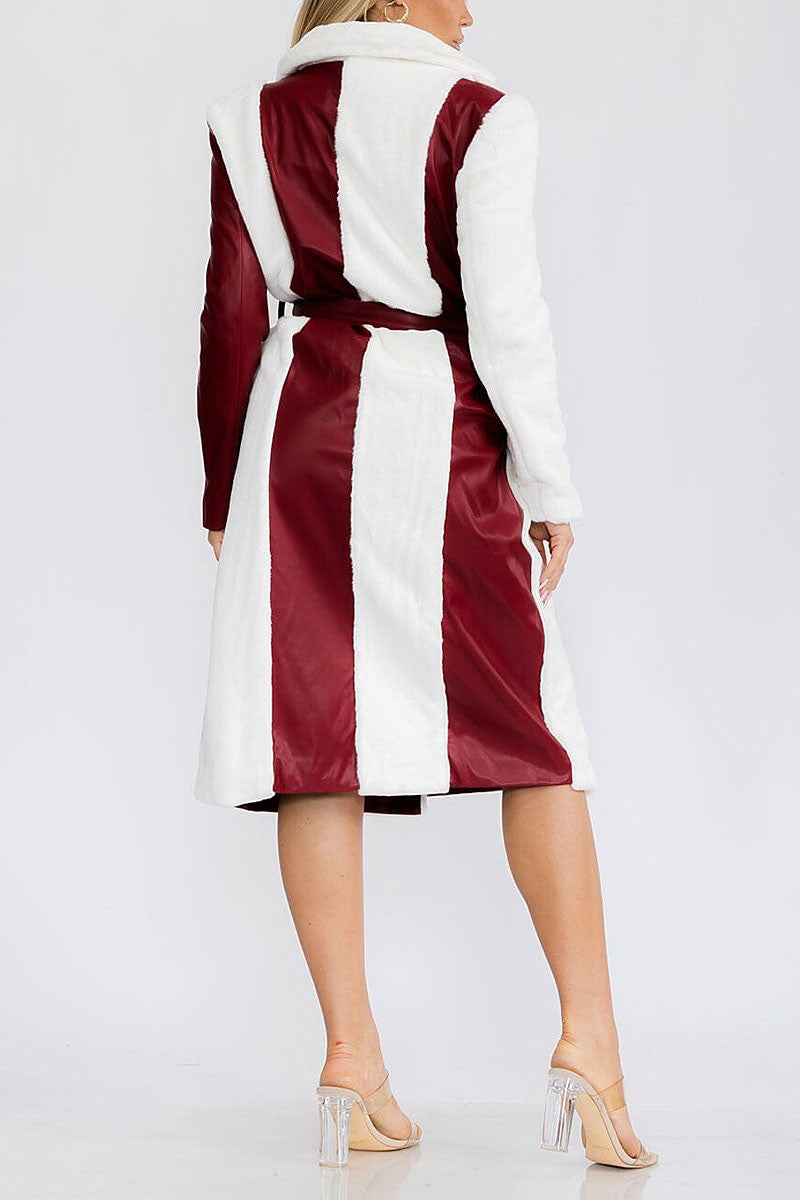 Front pockets self tie wrap colorblock midi dress (RVWT7495)