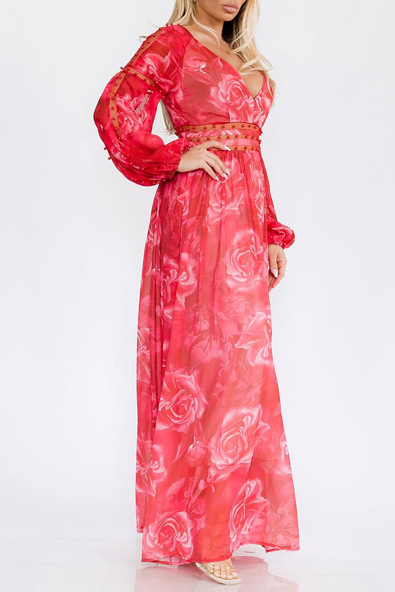 V-neck mesh pearl floral print maxi dress (RVWT7498)