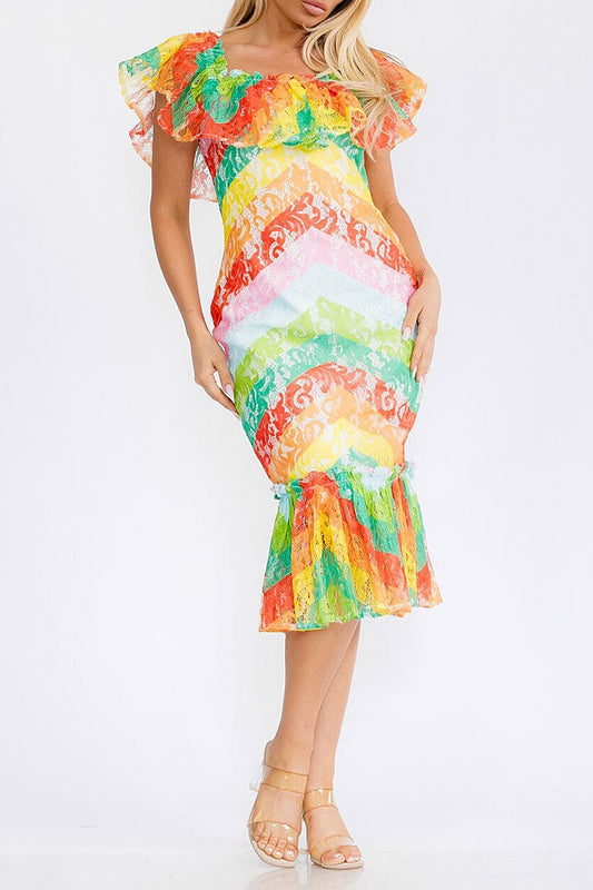 Ruffle sleeve multi color bodycon midi dress (RVWT7501)