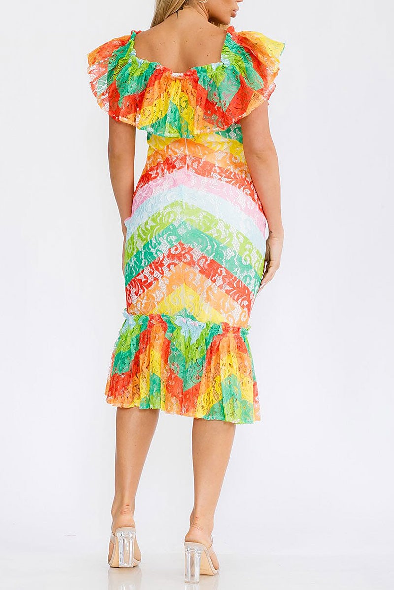 Ruffle sleeve multi color bodycon midi dress (RVWT7501)