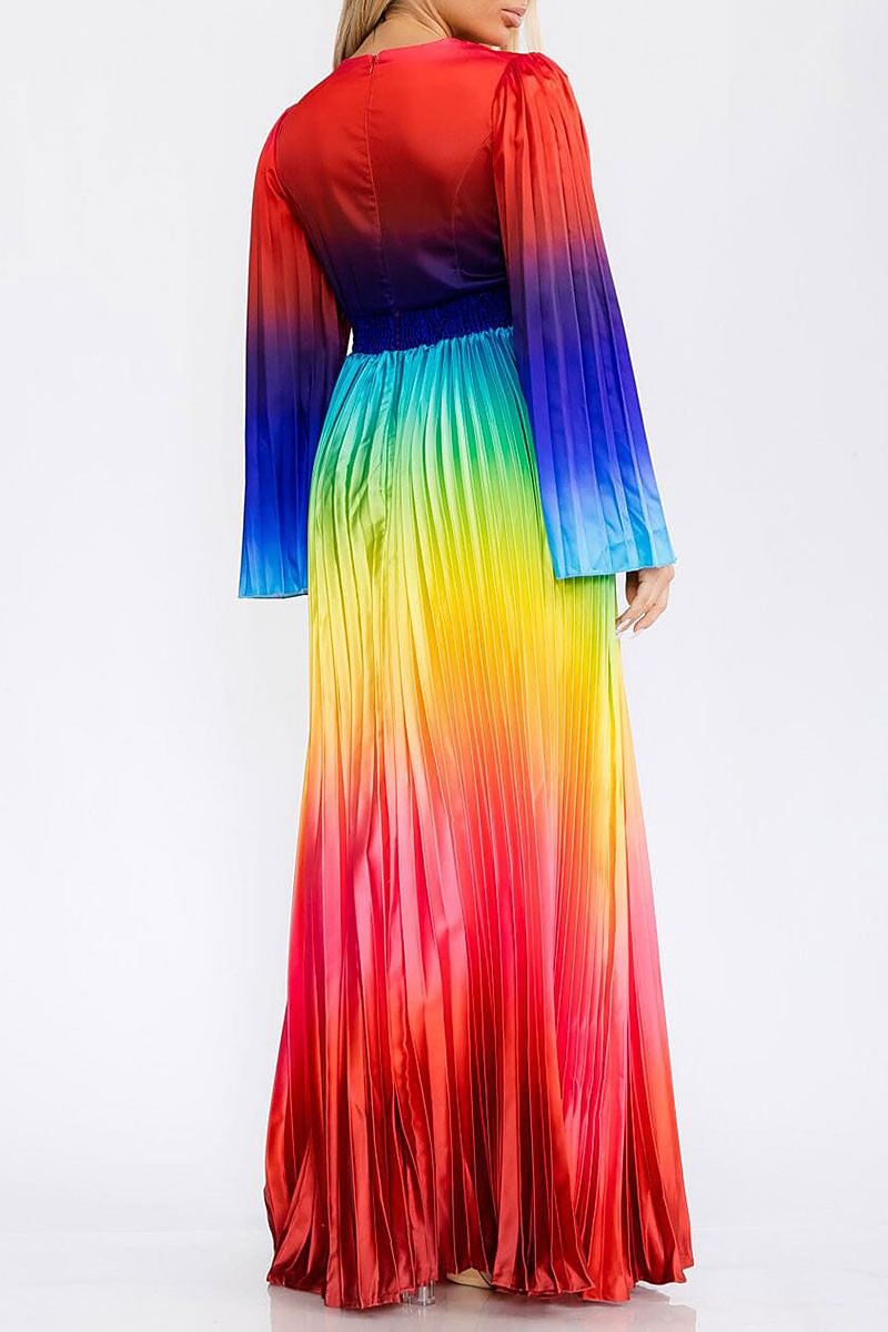 Bell sleeve v-neck colorblock pleated maxi dress (RVWT7514)