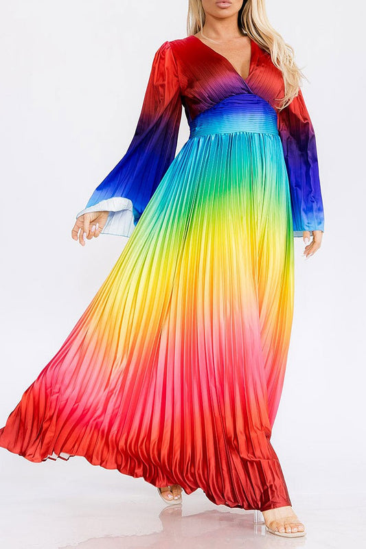 Bell sleeve v-neck colorblock pleated maxi dress (RVWT7514)